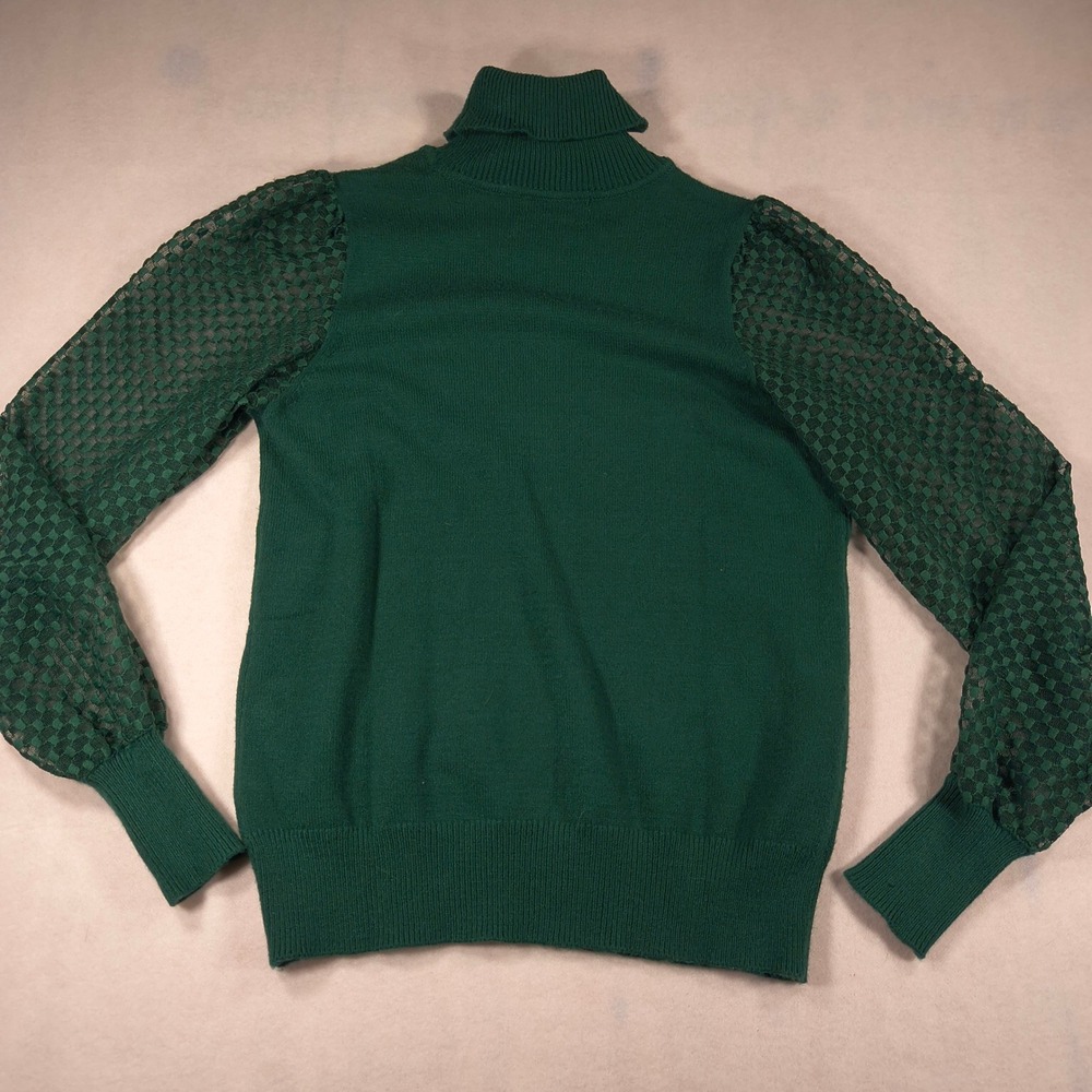 Marled Green Turtleneck Sweater Size M Sheer‎ Balloon Sleeve Pullover Chic Top - Picture 2 of 11